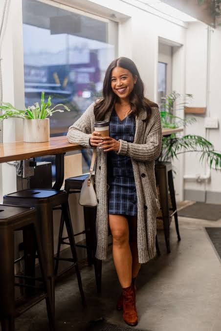 Casual Daytime Look: Grey Cardigan Over Blue Plaid Mini Dress — Winter Dress Outfits