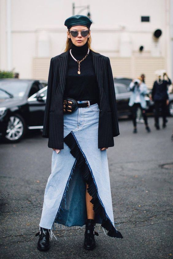 Denim Maxi Skirt with Turtleneck, Blazer, and Beret — Winter Skirt Outfits