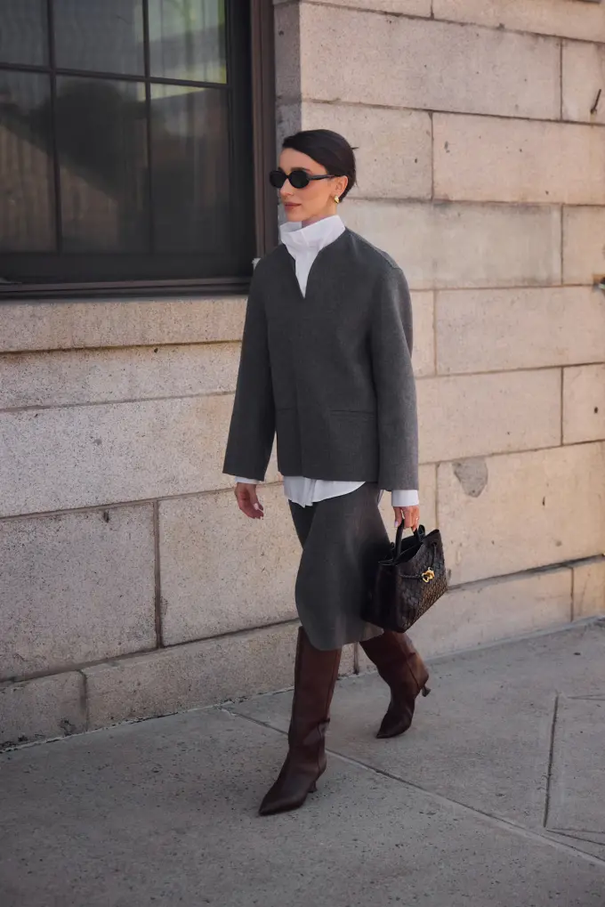 Grey Wool Midi Skirt Set with Button-Up Shirt and Heeled Boots — Winter Skirt Outfits