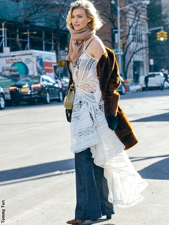 Unexpected Texture Play: Lace Dress and Faux Fur Coat with Dark Wash Wide Leg Jeans — Winter Outfits with Wide Leg Jeans