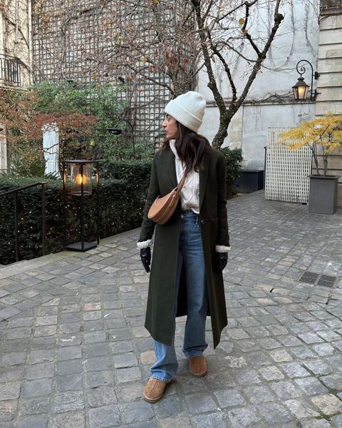 Pop of Color: Green Coat and Cable Knit with Blue Wide Leg Jeans — Winter Outfits with Wide Leg Jeans