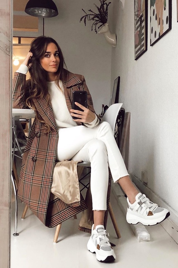 Plaid Coat Over White Basics with Chunky Sneakers Plaid Coat Over White Basics with Chunky Sneakers β Winter Outfits with Sneakers