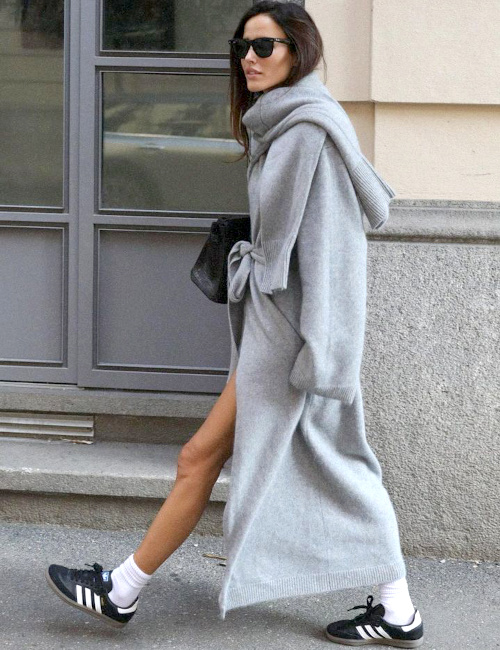 Monochromatic Knit Dress with Black Sneakers Monochromatic Knit Dress with Black Sneakers β Winter Outfits with Sneakers