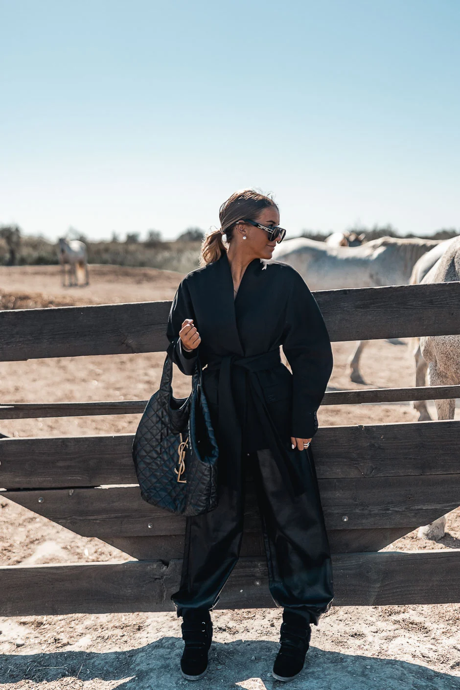 Belted Wool Coat and Relaxed Trousers Ensemble — All Black Winter Outfits