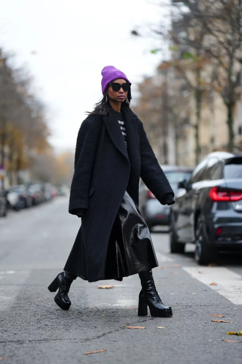 Textured Coat, Knit Sweater, and Patent Skirt — All Black Winter Outfits