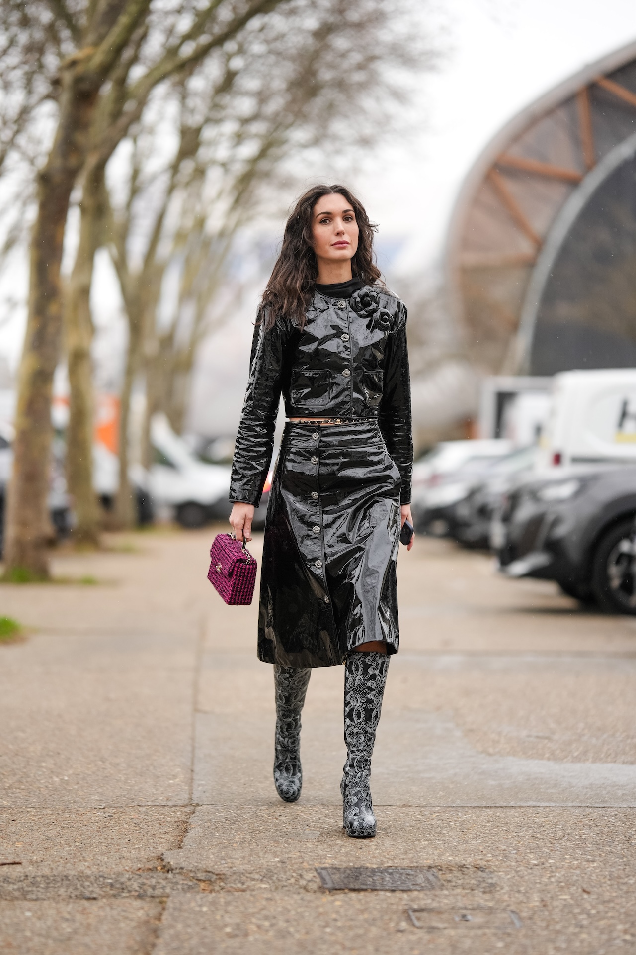 Patent Leather Jacket with Floral Embellishment — All Black Winter Outfits