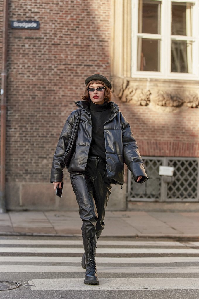 Leather Puffer Jacket with Combat Boots — All Black Winter Outfits