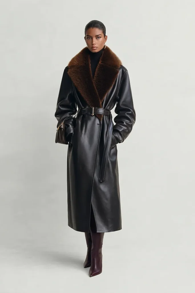 Leather Coat with Faux Fur Collar for Evening — All Black Winter Outfits