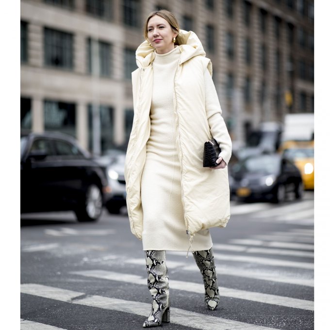 Cream Knit Dress Meets Puffer Vest for Cozy Chic — Winter White Outfits