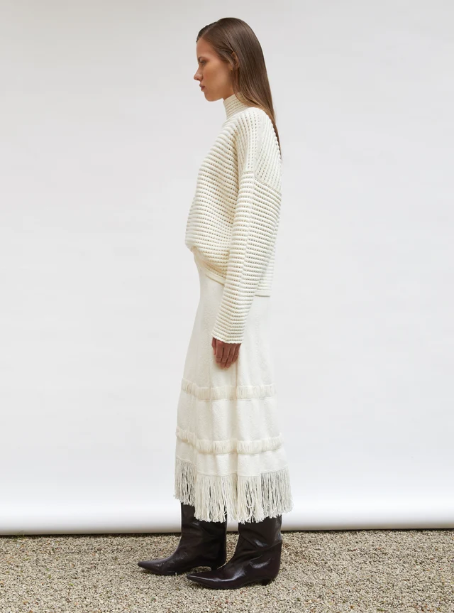 White Knit Sweater and Tiered Fringe Skirt Set — Winter White Outfits
