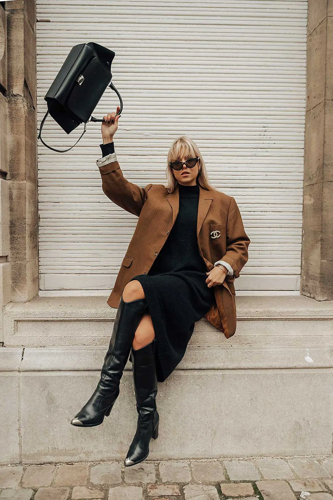 Brown Oversized Blazer with Black Turtleneck Dress — Neutral Winter Outfits