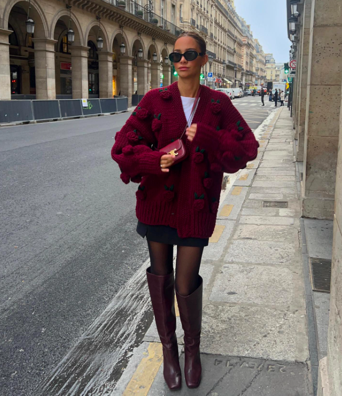 Burgundy Cardigan with Rose Details Burgundy Cardigan with Rose Details β Colorful Winter Outfits