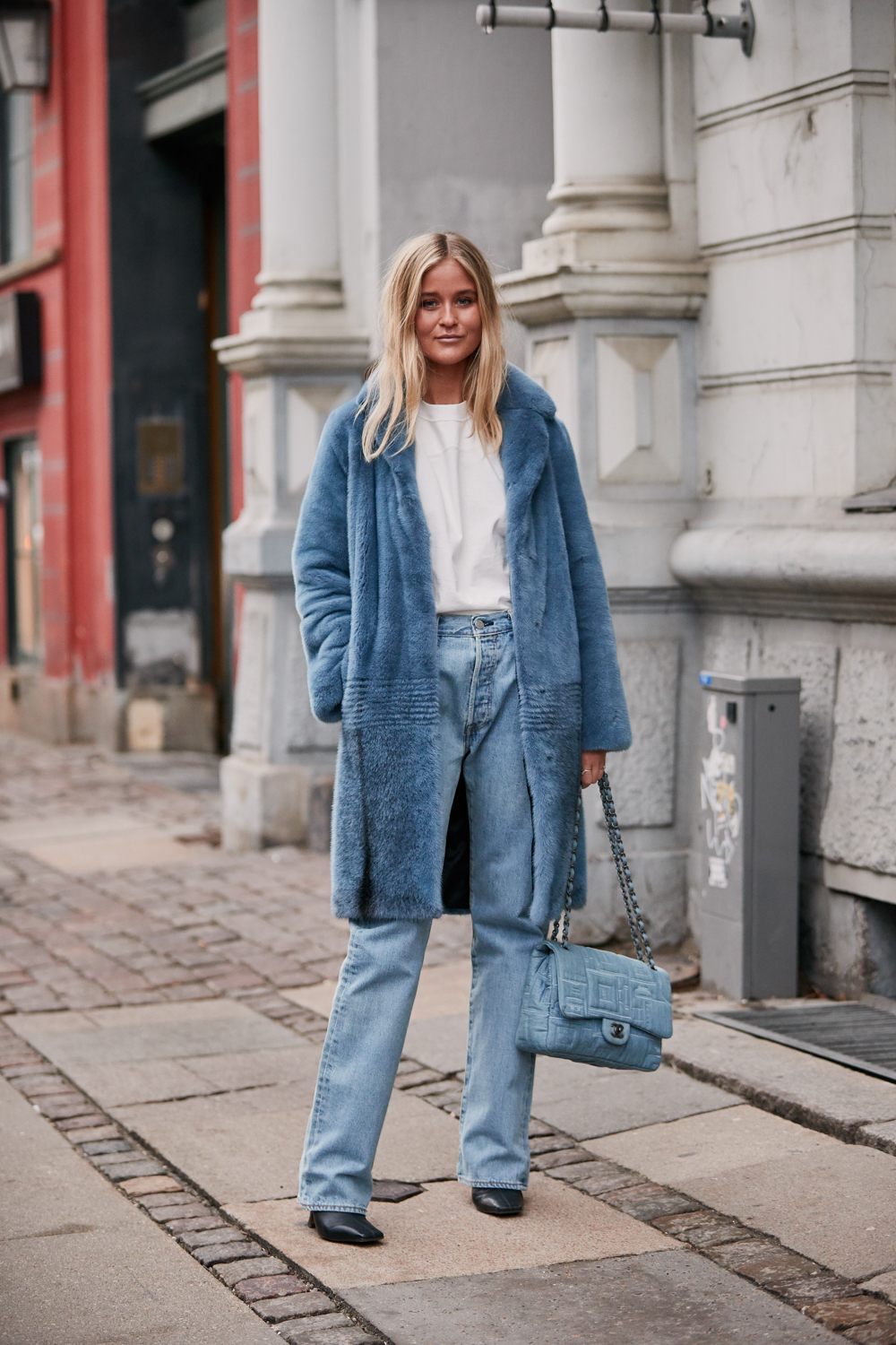 Light Blue Faux Fur Coat and Monochromatic Palette — NYC Winter Outfits