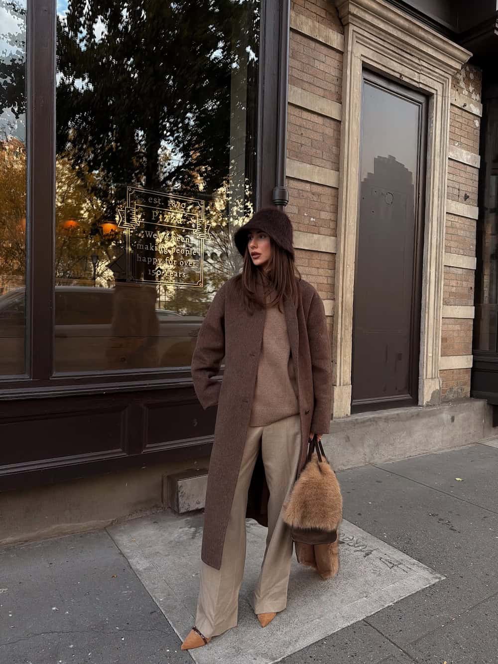 Monochromatic Brown Ensemble with Bucket Hat for Sophisticated Chic — NYC Winter Outfits