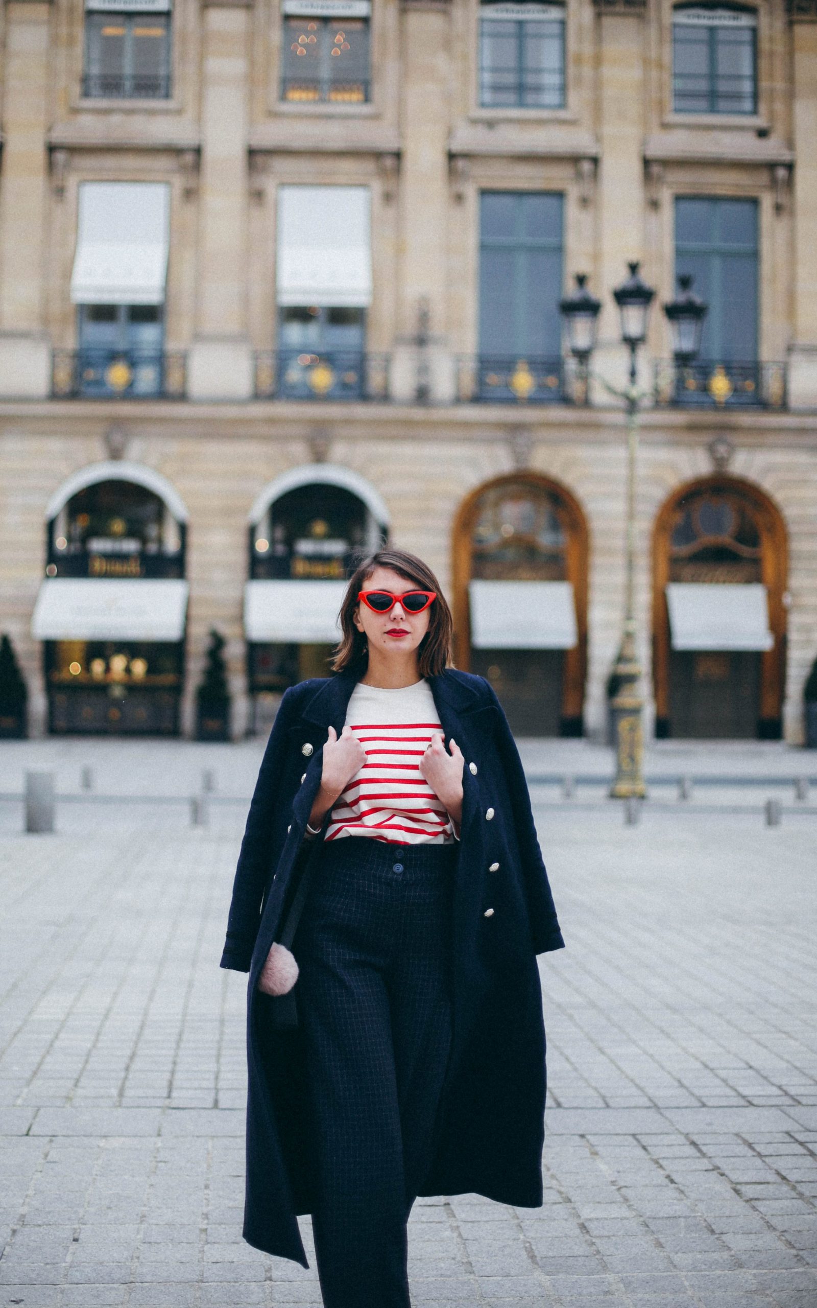 Navy Coat Draped Over Stripes and Wide-Leg Trousers Navy Coat Draped Over Stripes and Wide-Leg Trousers β Paris Winter Outfits