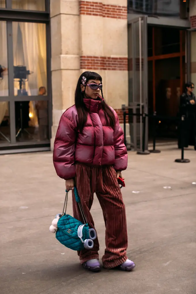 Shiny Pink Puffer Jacket with Velour Trousers Shiny Pink Puffer Jacket with Velour Trousers β Paris Winter Outfits