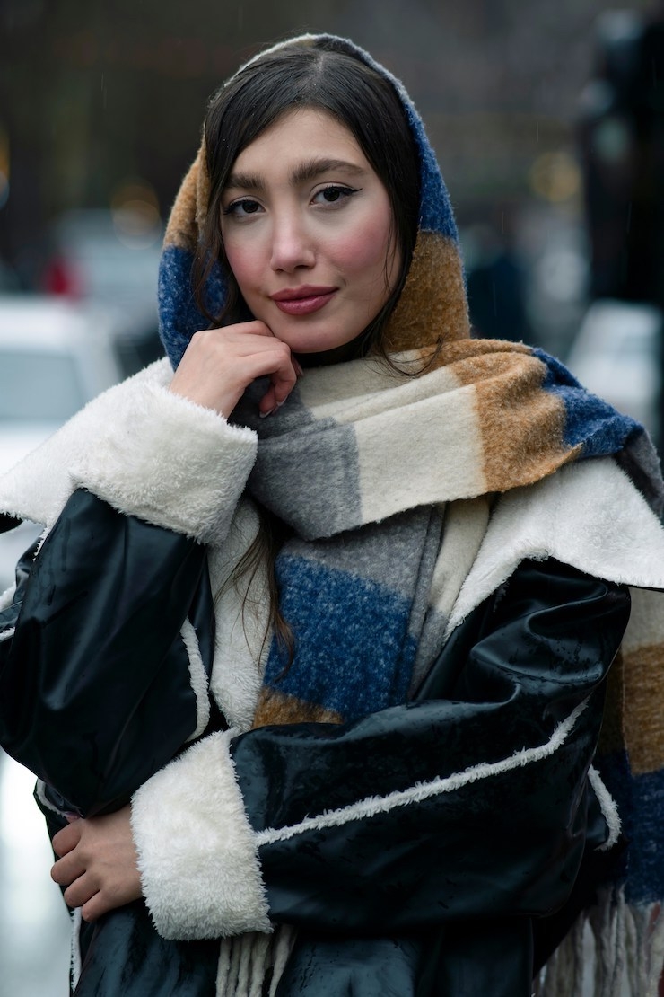 Oversized Faux Fur Jacket with Plaid Scarf Oversized Faux Fur Jacket with Plaid Scarf β Iceland Winter Outfits