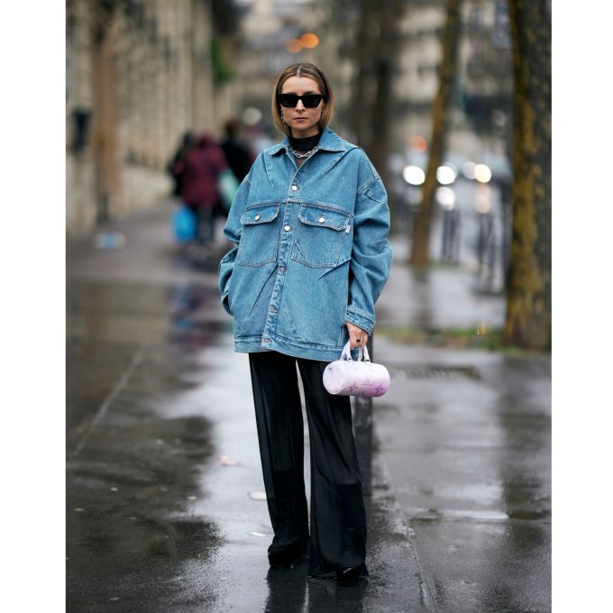 Oversized Denim Jacket with Black Turtleneck and Wide-Leg Pants — Winter Outfits for Warm Weather