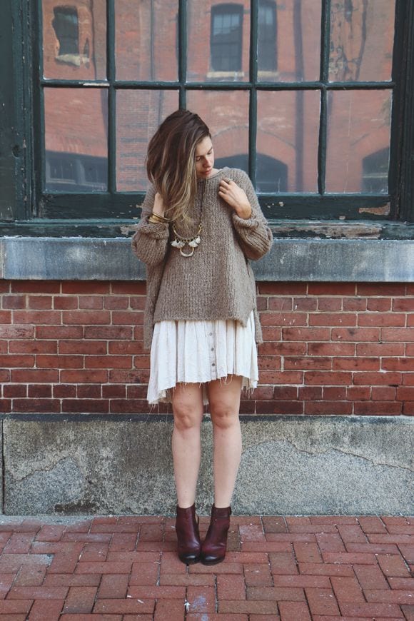 Chunky Knit Sweater Over Tiered Skirt for Cozy Daytime — Winter Outfits for Warm Weather