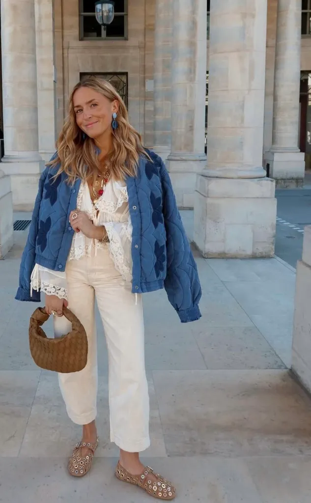 Embroidered Quilted Jacket with Ruffled Blouse for Daytime Casual — Winter Outfits for Warm Weather