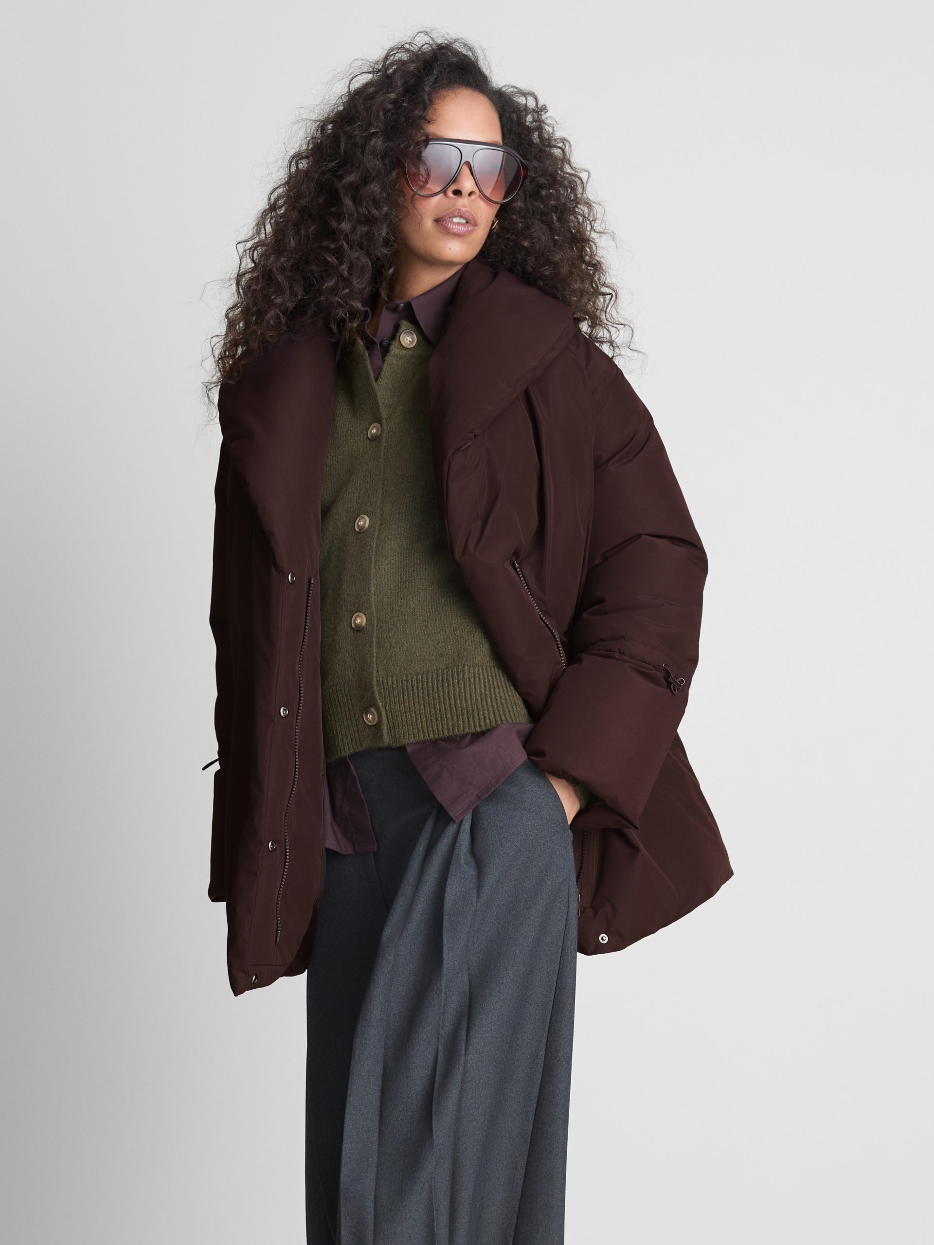 Oversized Brown Puffer with Wool Trousers for Chic Casual Oversized Brown Puffer with Wool Trousers for Chic Casual β Long Puffer Coat Outfits