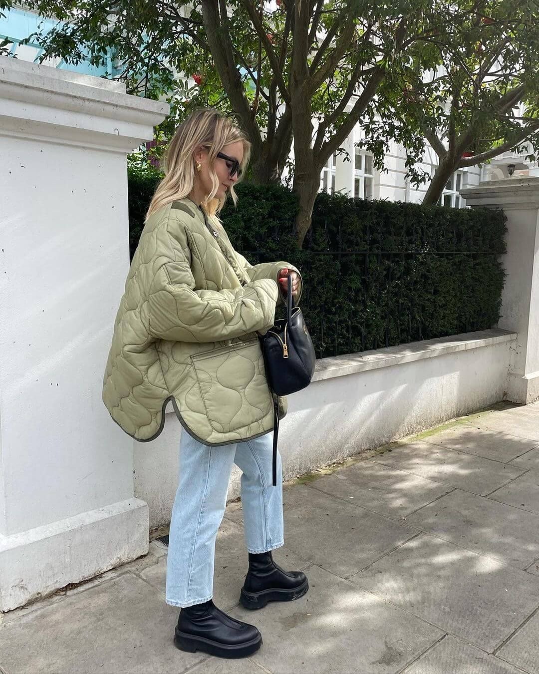 Sage Green Quilted Jacket with Denim and Platform Boots Sage Green Quilted Jacket with Denim and Platform Boots β Long Puffer Coat Outfits