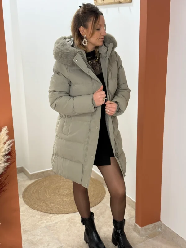 Winter Glam: Light Green Puffer with Lace Mini Dress Winter Glam: Light Green Puffer with Lace Mini Dress β Long Puffer Coat Outfits