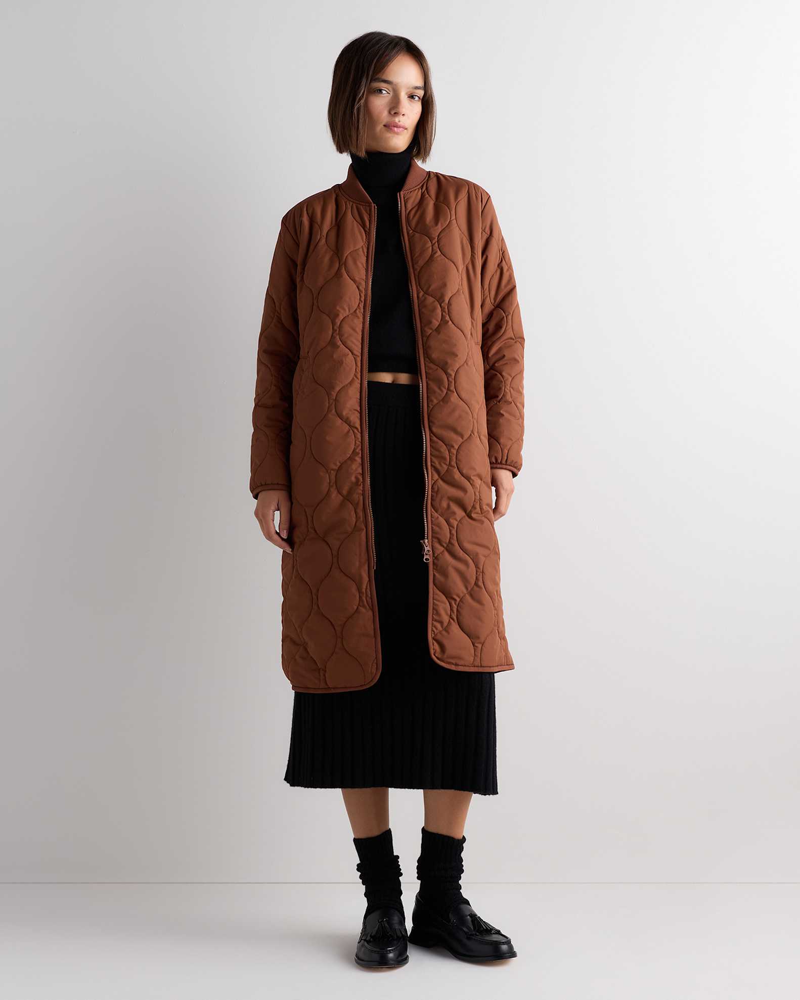 Textured Brown Quilted Coat with Turtleneck and Skirt Textured Brown Quilted Coat with Turtleneck and Skirt β Long Puffer Coat Outfits