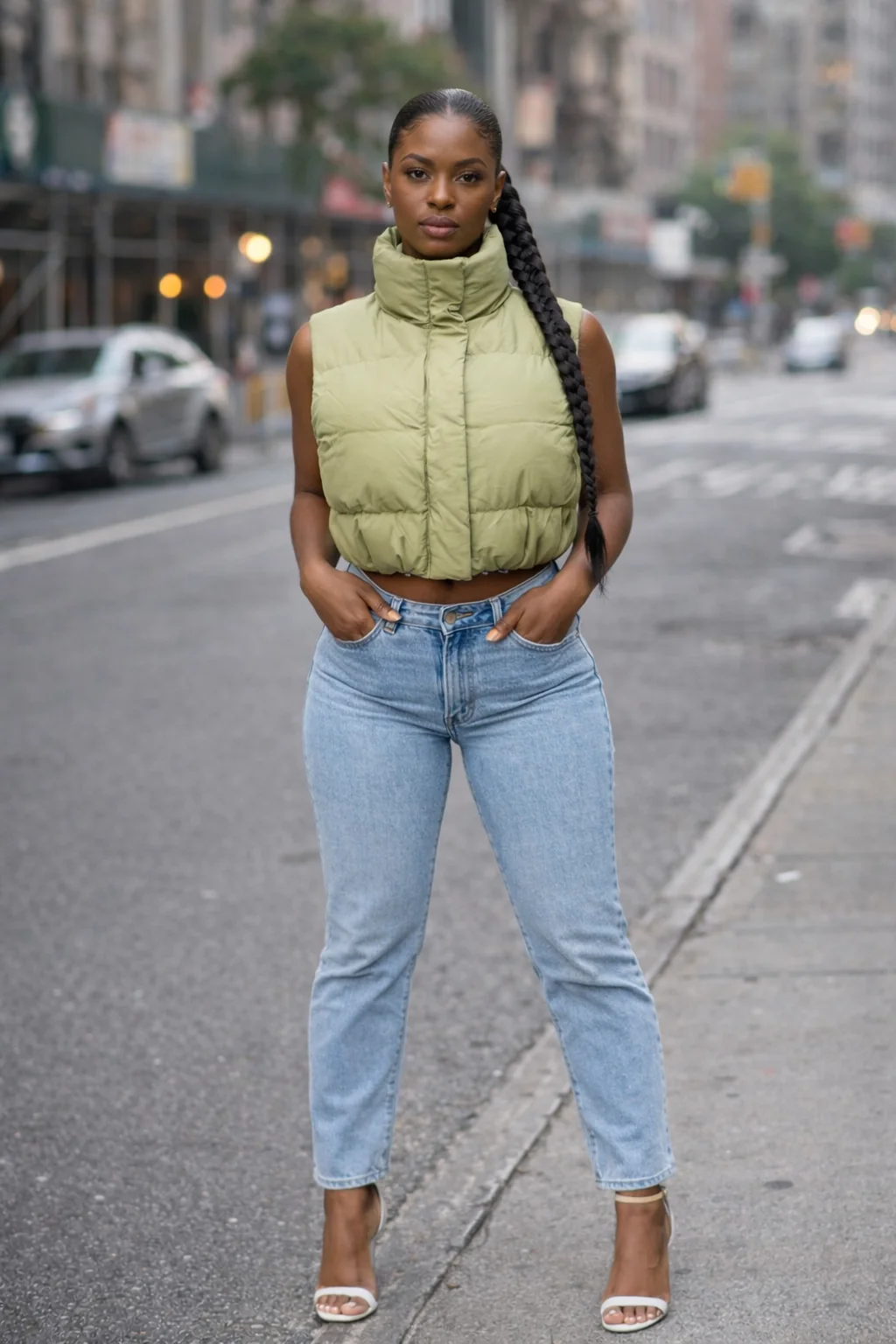 Light Green Cropped Puffer Vest with Heels Light Green Cropped Puffer Vest with Heels β Puffer Vest Outfits