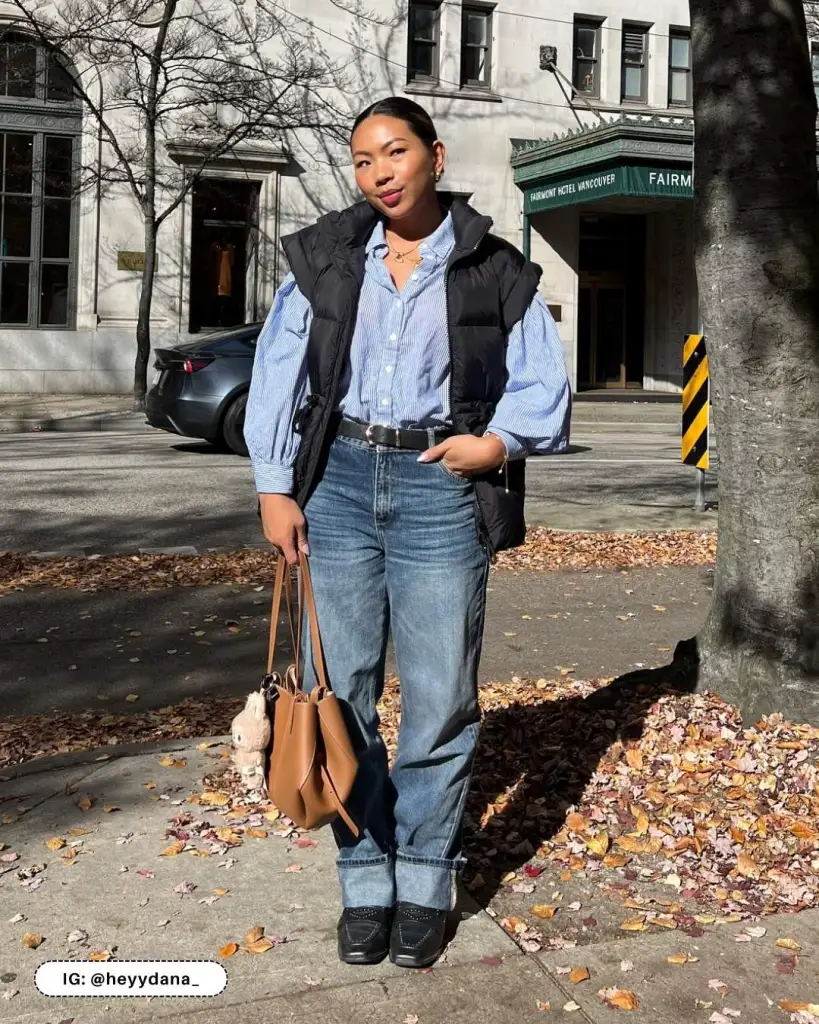 Black Puffer Vest Over Striped Button-Down Black Puffer Vest Over Striped Button-Down β Puffer Vest Outfits
