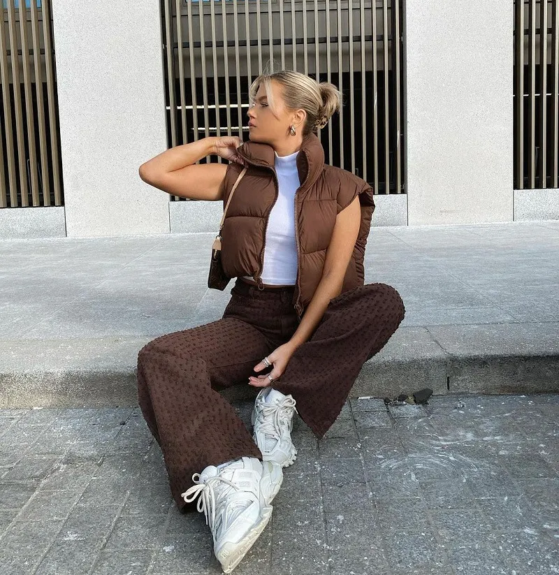 Gilet veste bouffante : gilet bouffant court pour femme, manteau chaud d'hiver matelassé léger sans manches