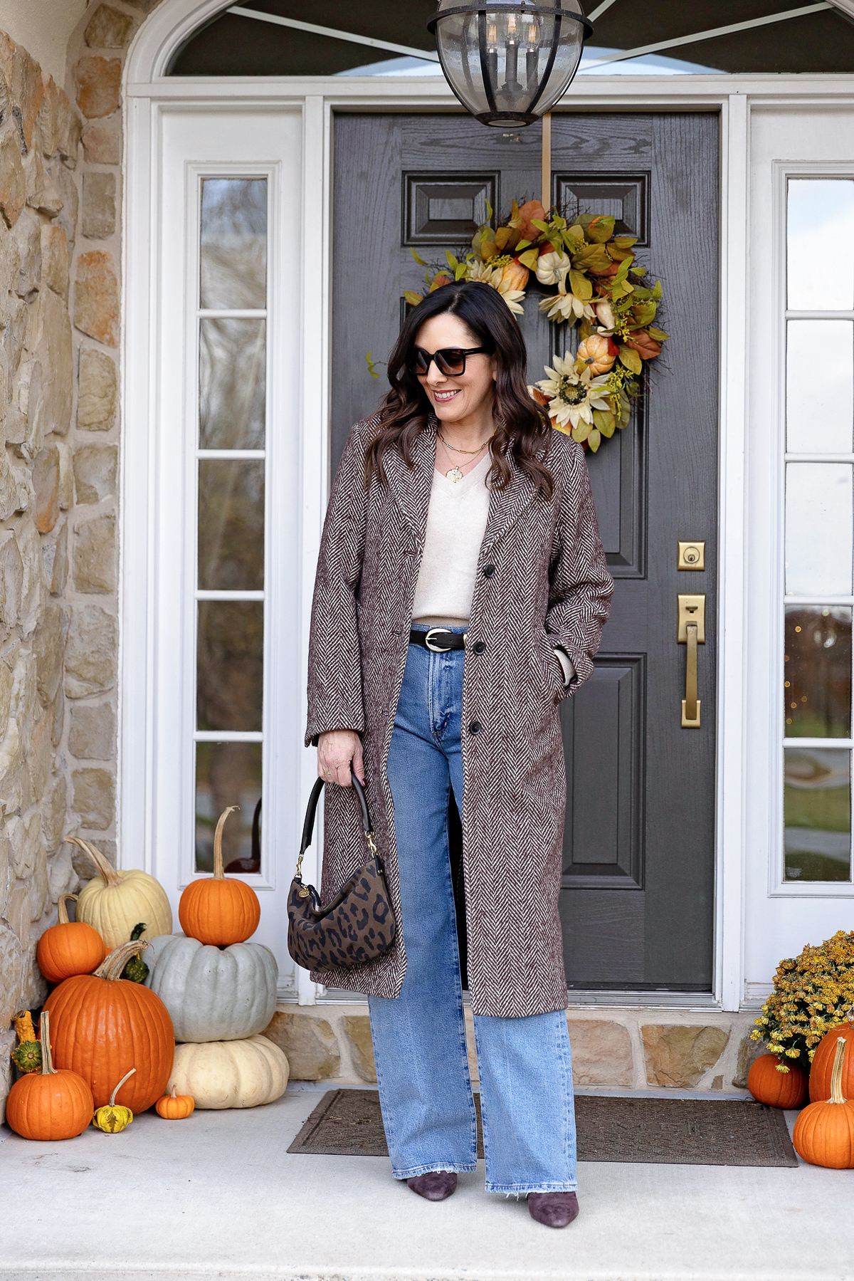 Herringbone Wool Coat with Wide-Leg Jeans and Suede Loafers — Wool Coat Outfits