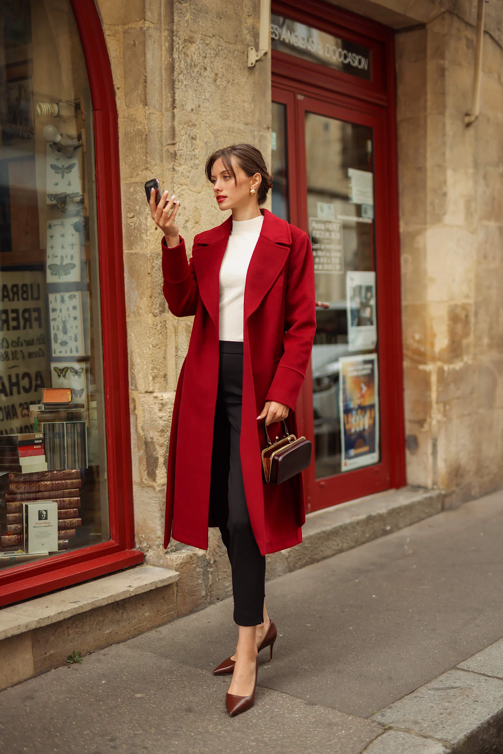Vibrant Red Belted Wool Coat with Black Trousers — Wool Coat Outfits