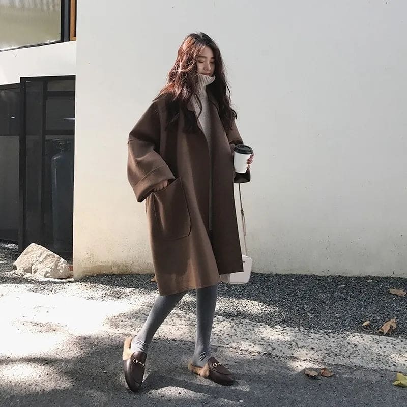 Oversized Brown Wool Coat with Fur-Trimmed Loafers — Wool Coat Outfits