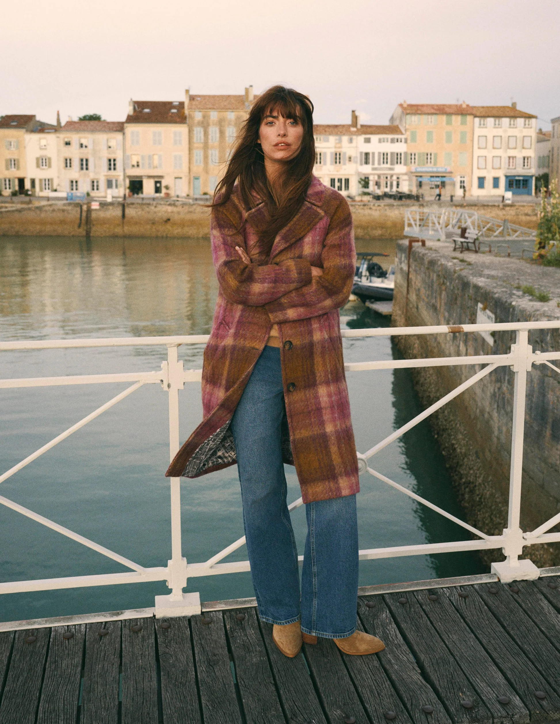 Pink and Brown Plaid Wool Coat with Blue Jeans — Wool Coat Outfits