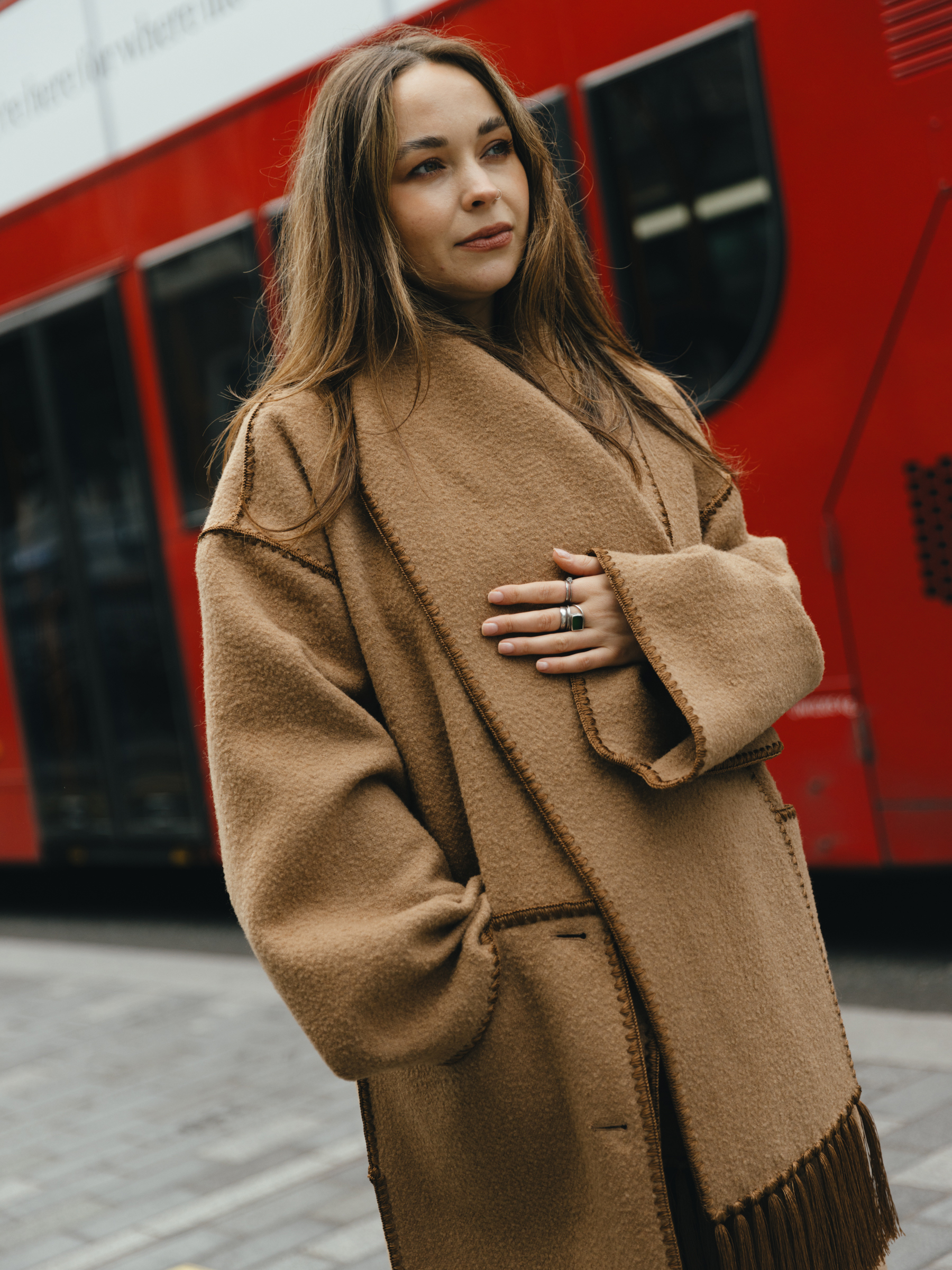 Oversized Camel Wool Coat with Fringed Hem Detail — Wool Coat Outfits
