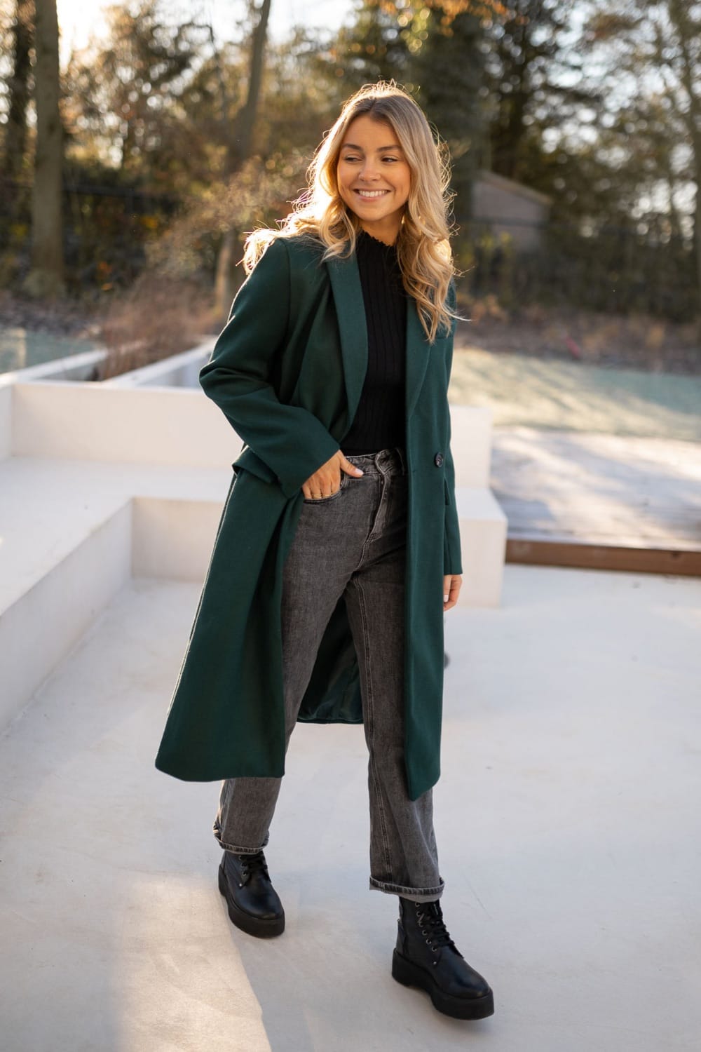 Dark Green Long Coat with Grey Jeans and Platform Boots Dark Green Long Coat with Grey Jeans and Platform Boots β Long Coat Outfits