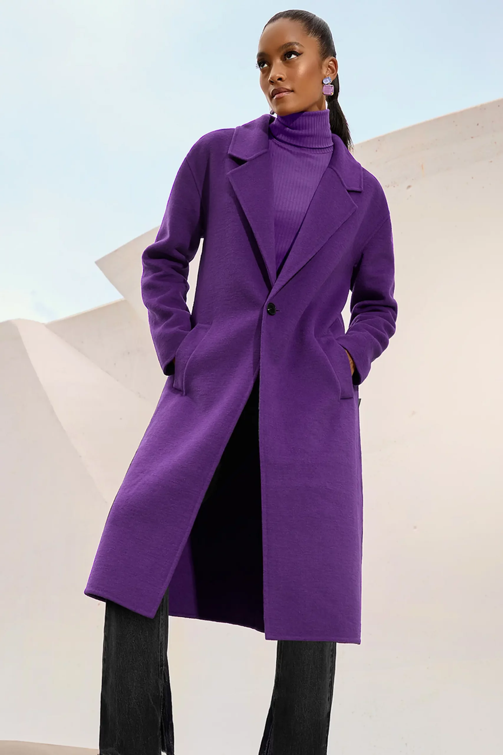 Vibrant Purple Coat with Textured Wool Finish Vibrant Purple Coat with Textured Wool Finish β Long Coat Outfits