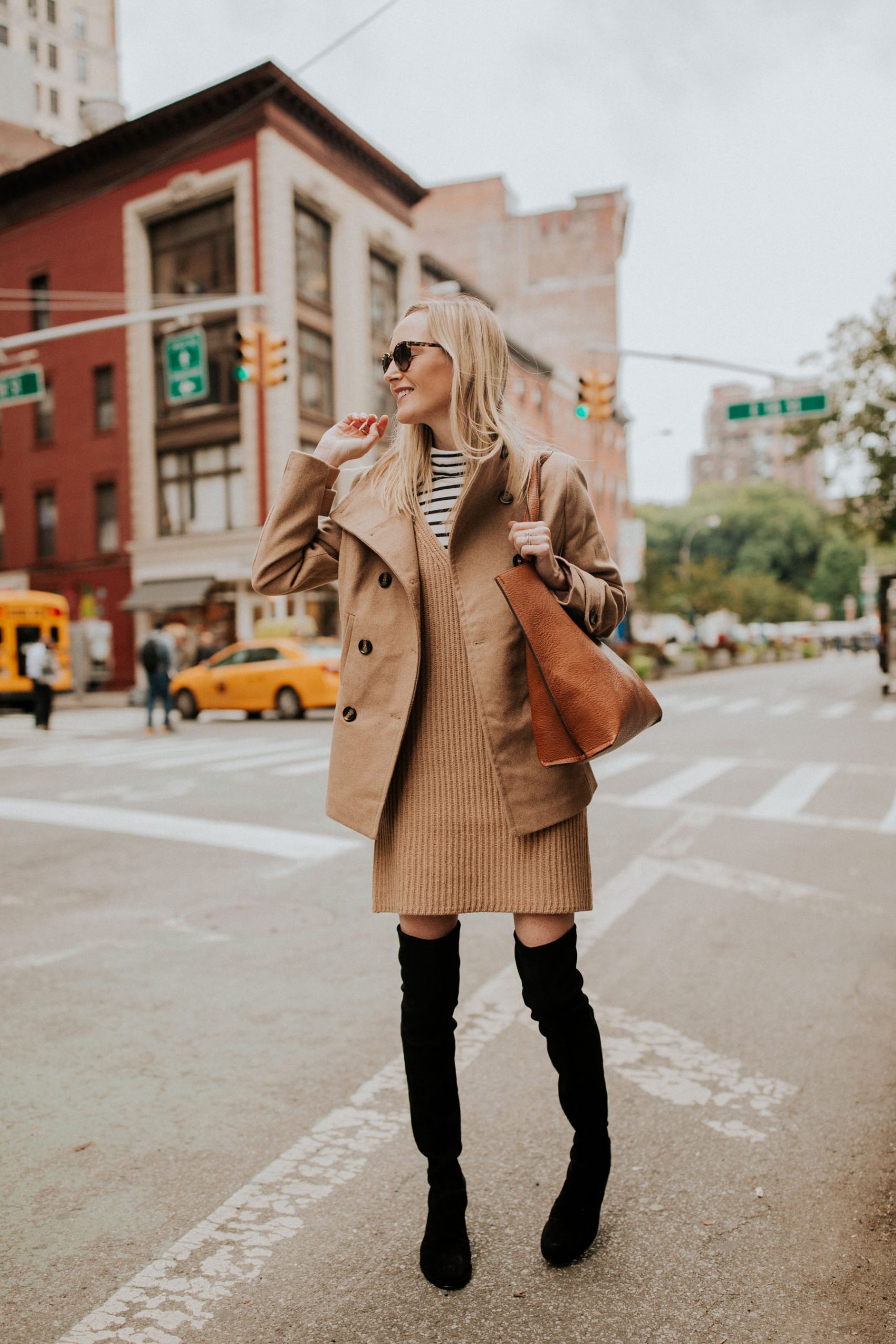 Camel Jacket Over Striped Top and Knit Dress Camel Jacket Over Striped Top and Knit Dress β Camel Coat Outfits