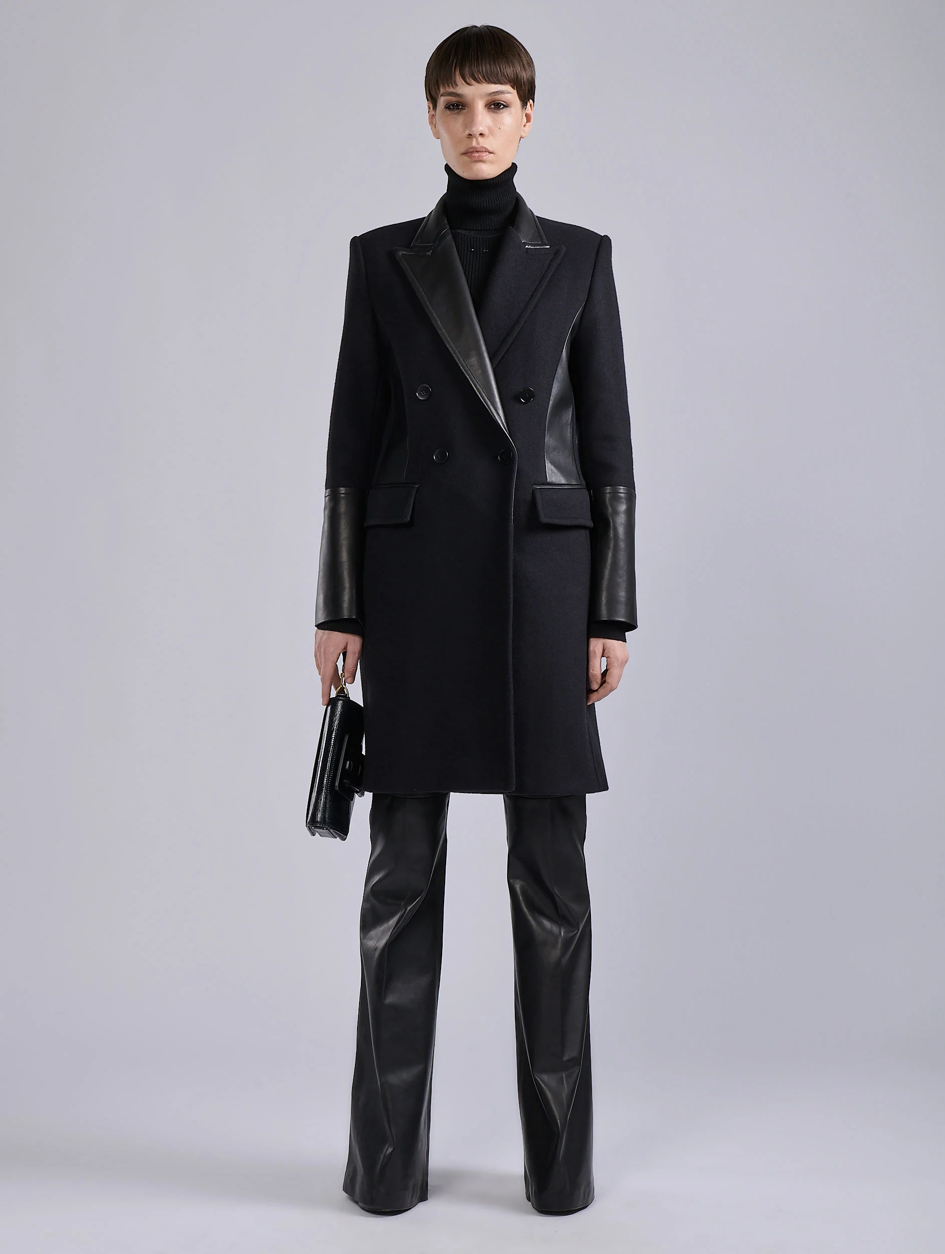 Fitted Black Coat with Leather Details for Formal Wear Black Coat Outfits