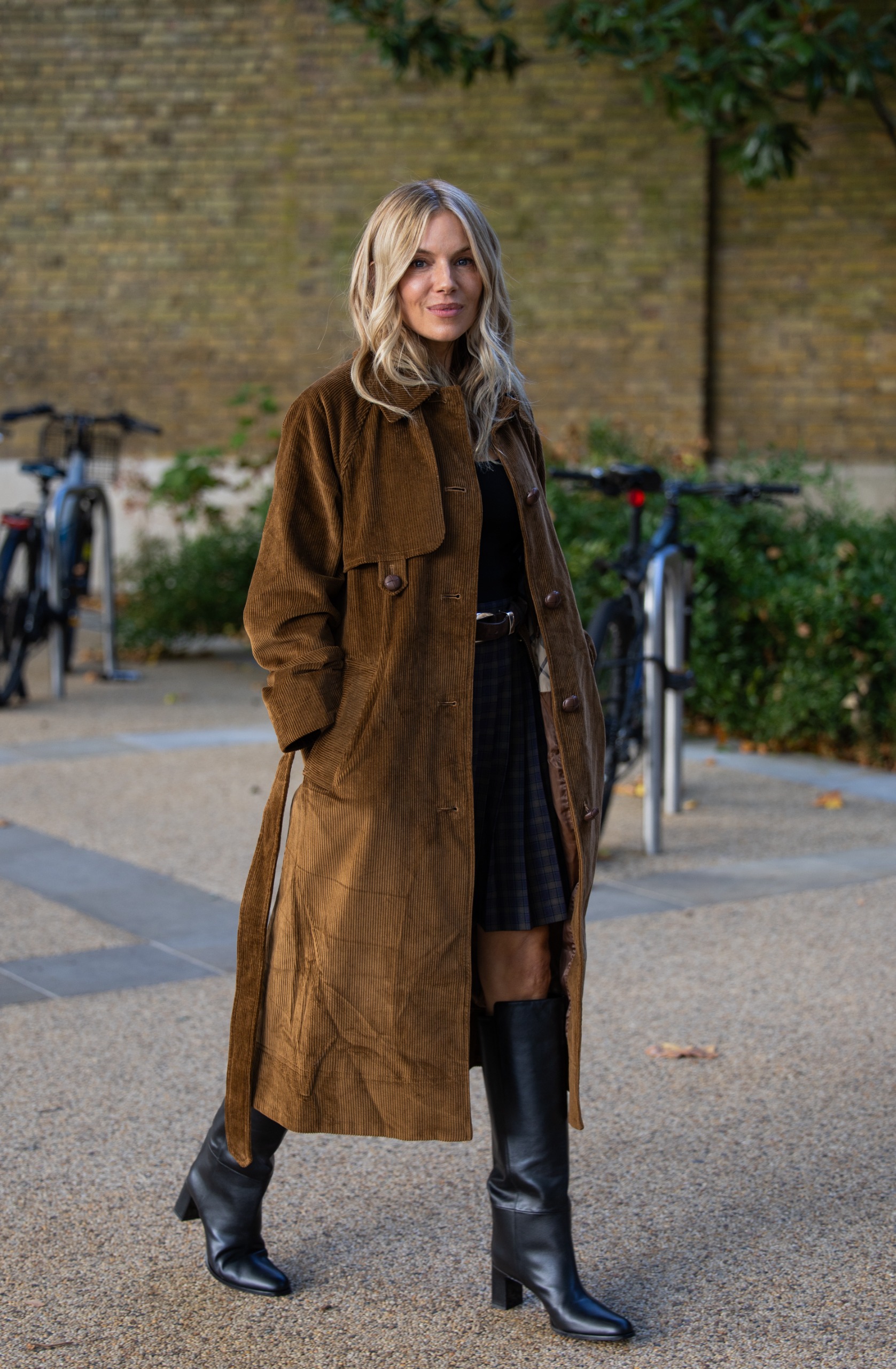 Textural Brown Corduroy Coat with Plaid Skirt — Brown Coat Outfits