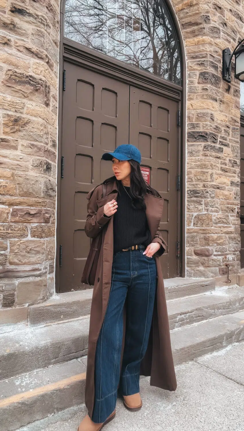 Casual Brown Trench Coat with Wide-Leg Jeans — Brown Coat Outfits