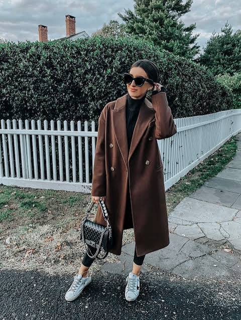 Oversized Brown Wool Coat with Leggings — Brown Coat Outfits