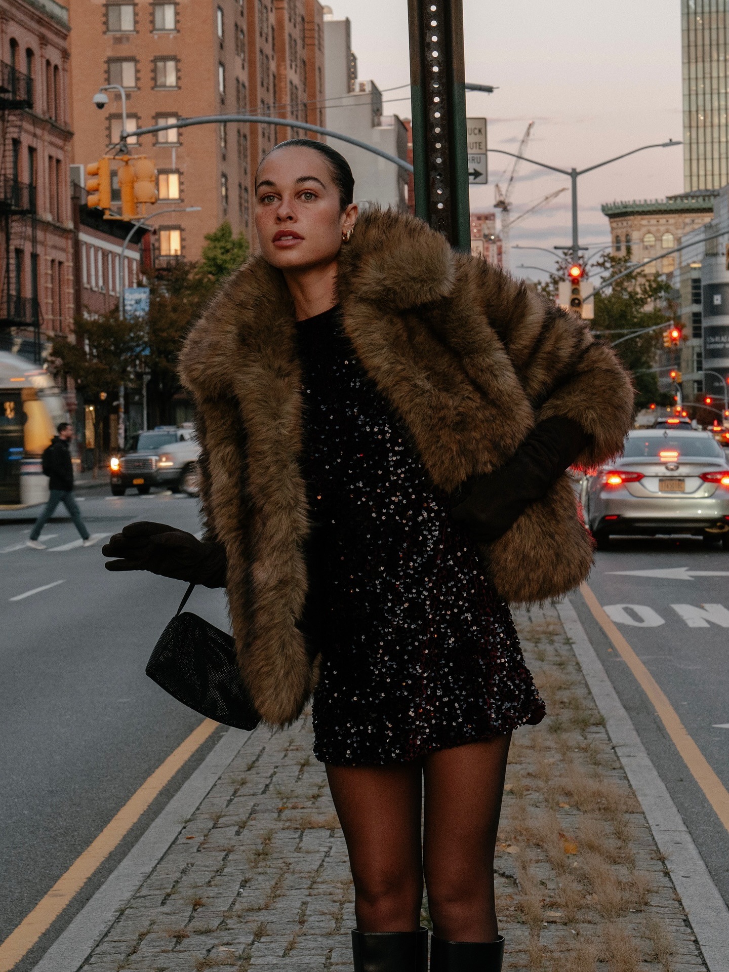 Glamorous Brown Faux Fur Coat Over Sequined Dress Glamorous Brown Faux Fur Coat Over Sequined Dress โ Faux Fur Coat Outfits