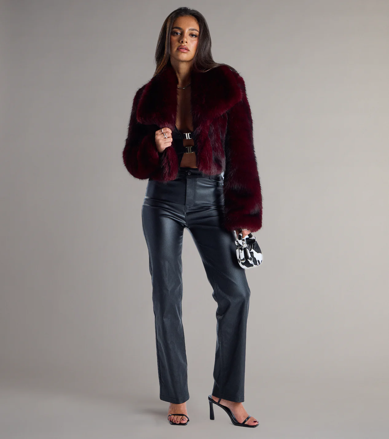 Bold Burgundy Cropped Faux Fur Jacket with Leather Trousers Bold Burgundy Cropped Faux Fur Jacket with Leather Trousers โ Faux Fur Coat Outfits