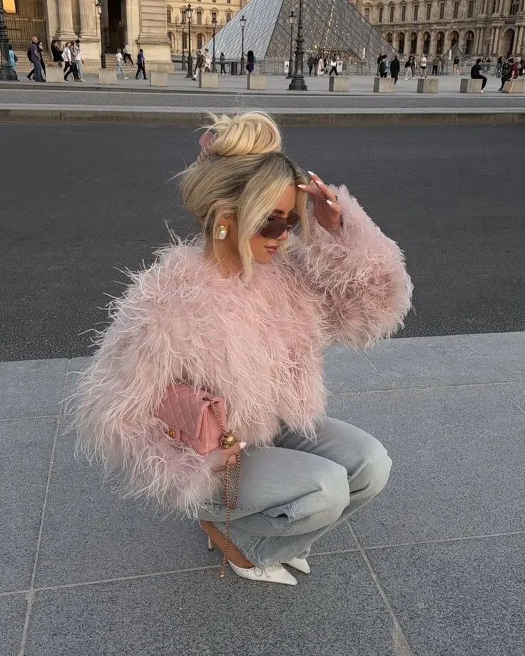 Light Pink Cropped Faux Fur Jacket with Denim and Heels Light Pink Cropped Faux Fur Jacket with Denim and Heels โ Faux Fur Coat Outfits