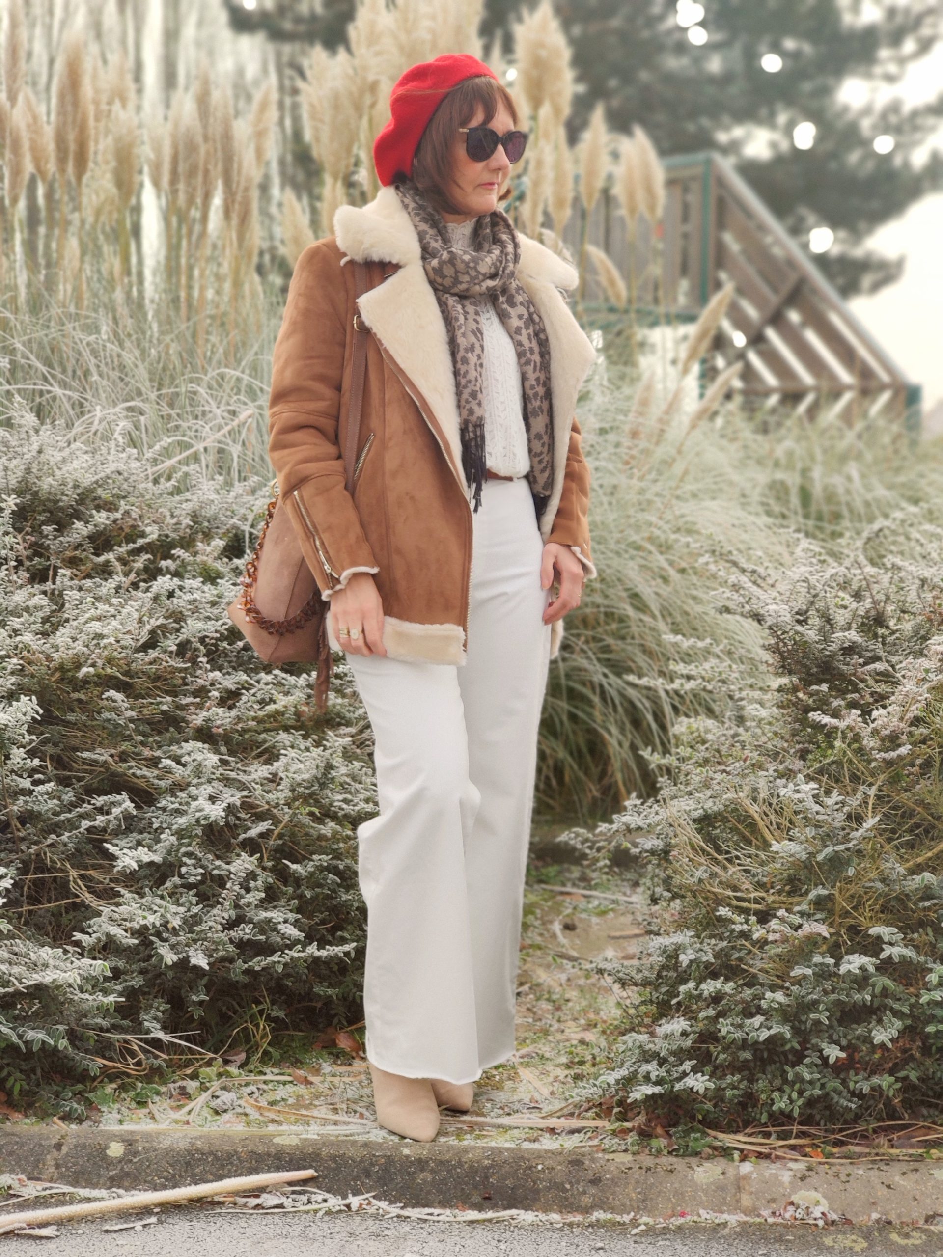 Brown Suede Shearling Aviator Jacket with Leopard Scarf and Wide-Leg Pants Brown Suede Shearling Aviator Jacket with Leopard Scarf and Wide-Leg Pants โ Shearling Coat Outfits