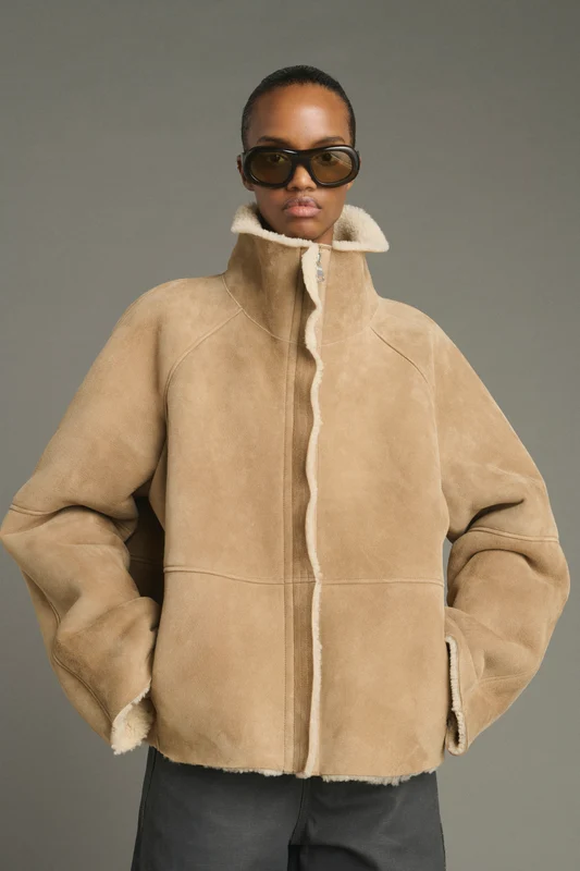 Boxy Beige Shearling Jacket with Cream Shearling Collar Boxy Beige Shearling Jacket with Cream Shearling Collar โ Shearling Coat Outfits