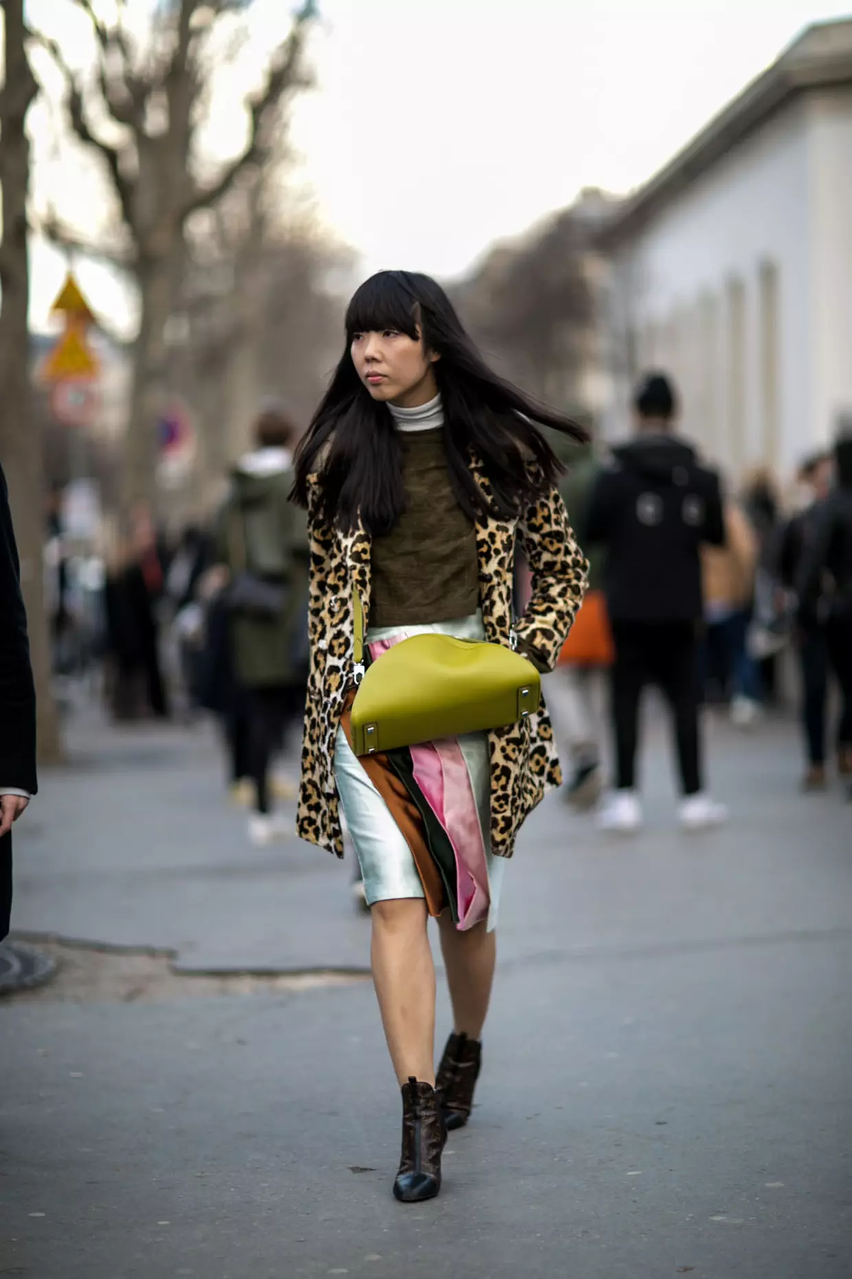 Leopard Jacket with Olive Green Sweater and Satin Skirt — Leopard Coat Outfits