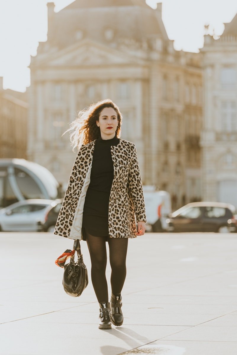 Leopard Coat over Black Turtleneck Dress and Combat Boots — Leopard Coat Outfits